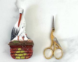 Lot 1373  Vintage Limoges France Stork Trinket Box for Solingen Crane Sewing Scissors