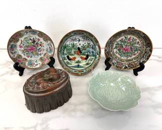 Lot 1306  Vintage Chinese Famille Rose Bowls Copper Pear Mold