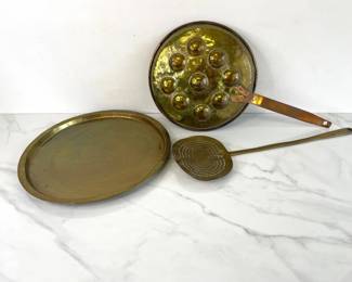 Lot 1421  Brass Copper Strainer  Egg Pan Poacher  Tray