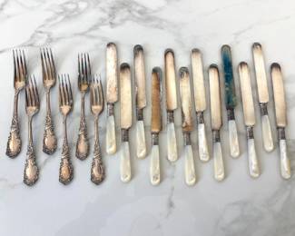 Lot 1461  Hamilton  Diesinger Sterling Silver Mother of Pearl Handle Knives Rogers  Hamilton Silverplate Forks