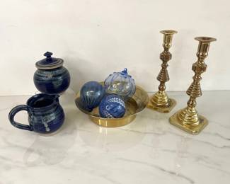 Lot 1418  Baldwin Brass Candlesticks  Pottery SugarCreamer  Hand Blown Glass Ornaments