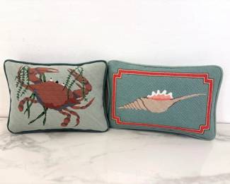 Lot 1289  Crab Seashell Nautical Needlepoint Pillows