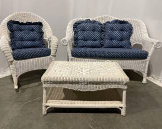 Lot 5217  Wicker Patio Furniture Love Seat, Rocker and Table