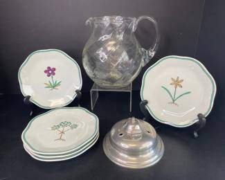 Lot 1270  Asian Botanical Appetizer Plates Glass Pitcher Stieff Pewter Williamsburg Inkwell