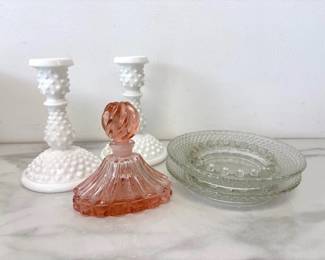 Lot 5231  Vintage Glass Perfume Bottle Hobnail Milk Glass Candle Holders Glass Dishes