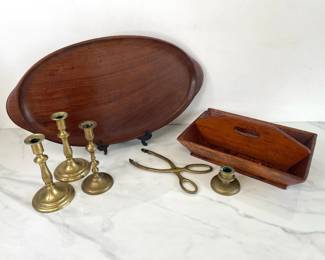 Lot 1420  Vintage Wooden Cutlery Tray Platter Brass CandlesticksFireplace Tongs