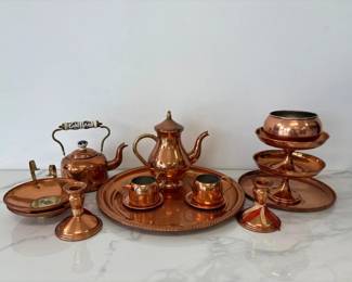 Lot 5230  Vintage Copper Tray Candlesticks Tea Set Etc