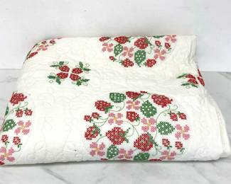 Lot 5279  Cross Stitched Strawberry Floral 98in x 84in Quilt