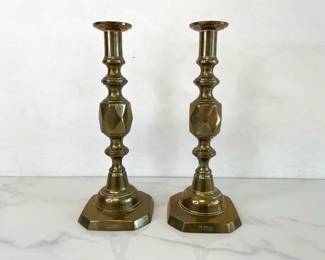 Lot 1457  Antique The Queen of Diamonds Brass Candlestick Holders
