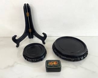 Lot 1282  Vintage Wood Display Stands Signed Russian Lacquer Pill Trinket Box Plate Stand