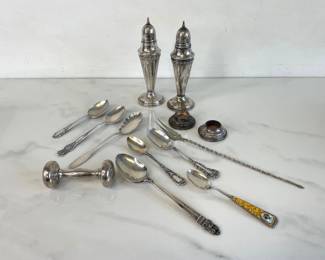 Lot 1406  Sterling Silver Weighted SaltPepper Shakers  Candle Holders  Spoons More