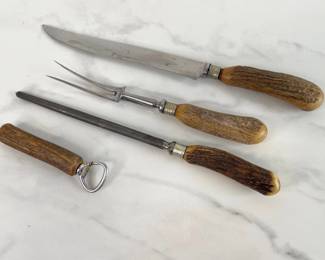 Lot 1429  R F Mosely  Co Rusnorstain Sheffield Stag Antler Handle Carving Set Bottle Opener