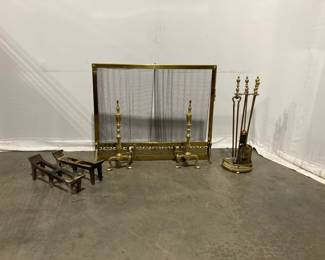 Lot 5169  Vintage Brass Retractable Fireplace Screen w Tools and Andirons