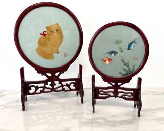Lot 1498  Chinese Silk Embroidered Cat Fish Double Sided Table Screens