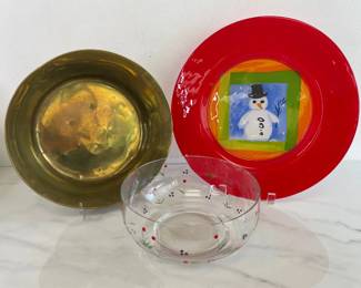 Lot 1283  Dibbern Art Glass Snowman Plate Brass Bowl Cherries Glass Bowl