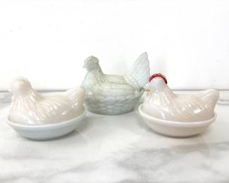 Lot 1314  Vintage White Milk Glass Hens on Nest Dishes