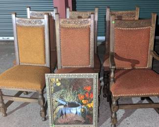 Set of 6 oak chairs, $360/6. Original art