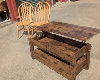 Coffee table with a lift top. Pair of Windsor chairs