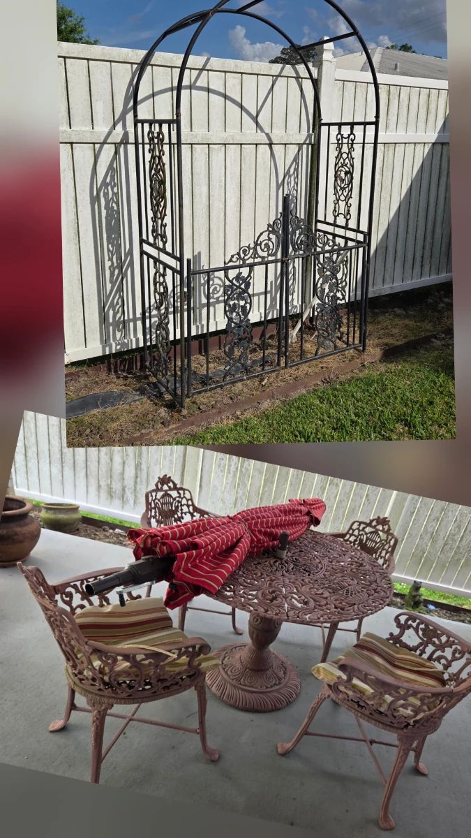 Aluminum decorative table set, Aluminum is better for outdoor elements,  it will last longer and not rust.  above is an arch with swinging gate, beautiful for any back or front yard.