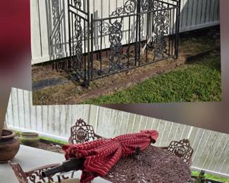 Aluminum decorative table set, Aluminum is better for outdoor elements, it will last longer and not rust. above is an arch with swinging gate, beautiful for any back or front yard.