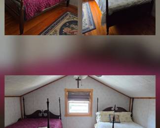 Vintage full size four poster beds with mattress and box spring, decorative rugs.
