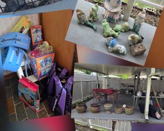 outside pottery, pots, statues, pool items, lifejackets, pool exercise items
