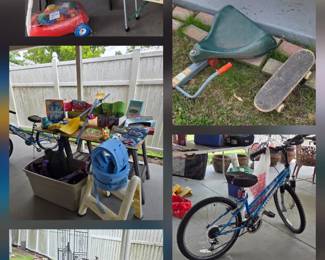 Kids picnic tables, bikes adults and kids, scooters, turtle, skateboard, 