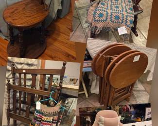 Handmade side table lamp, rocking chair, Afghan, T.V. tables set, gaming chair, wall cabinet