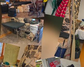 camping gear new and vintage, fishing nets, portable camping tables, collectors boat oars, collectors scout memorableia.