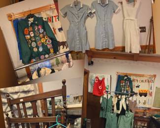 1950's and beyond collector's items, nurse uniforms, scouts, antique bed 