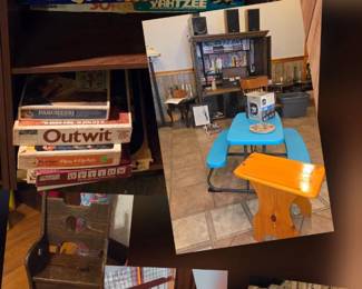 toy box, vintage board games, kids desk, picnic table, books, rocking chair