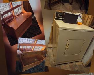 entertainment center, tiffany floor lamp, side tables, side table with magazine rack below, dryer, over stuffed recliner, desk and more...