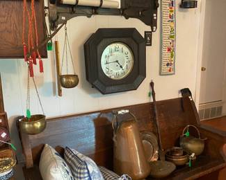 Antique Oak Bench with assorted copper pieces, Antique Coat Rack