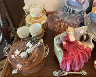 Limoge's L Bernardaud & Co gold plated Monte Carlo cups and saucers, Pink Depression Glass and more
