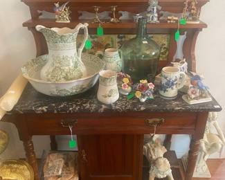 Antique dry sink with black marble top AND Antique Green White wash basin