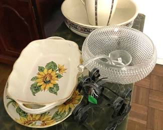 Vintage Nobnail punch bowl, green marble brass coffee table 