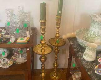 Vintage Moroccan Intricate Etched pair of brass candlesticks, 3 feet tall