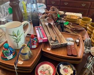 Mid Century table accessories including wooden plates, serving spoons, forks, trays