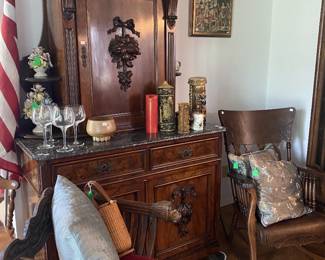 Antique German Baroque Revival, marble, carved cabinet, Renaissance Revival Savonarola folding chair, Antique Tiger Oak Rocker