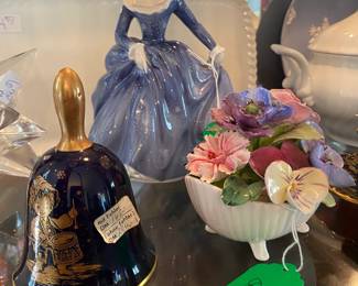 Assortment of Staffordshire bone china and floral arrangements