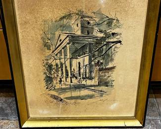 St Pauls Church print Charleston MCM well known artist John Haymson/aged condition
