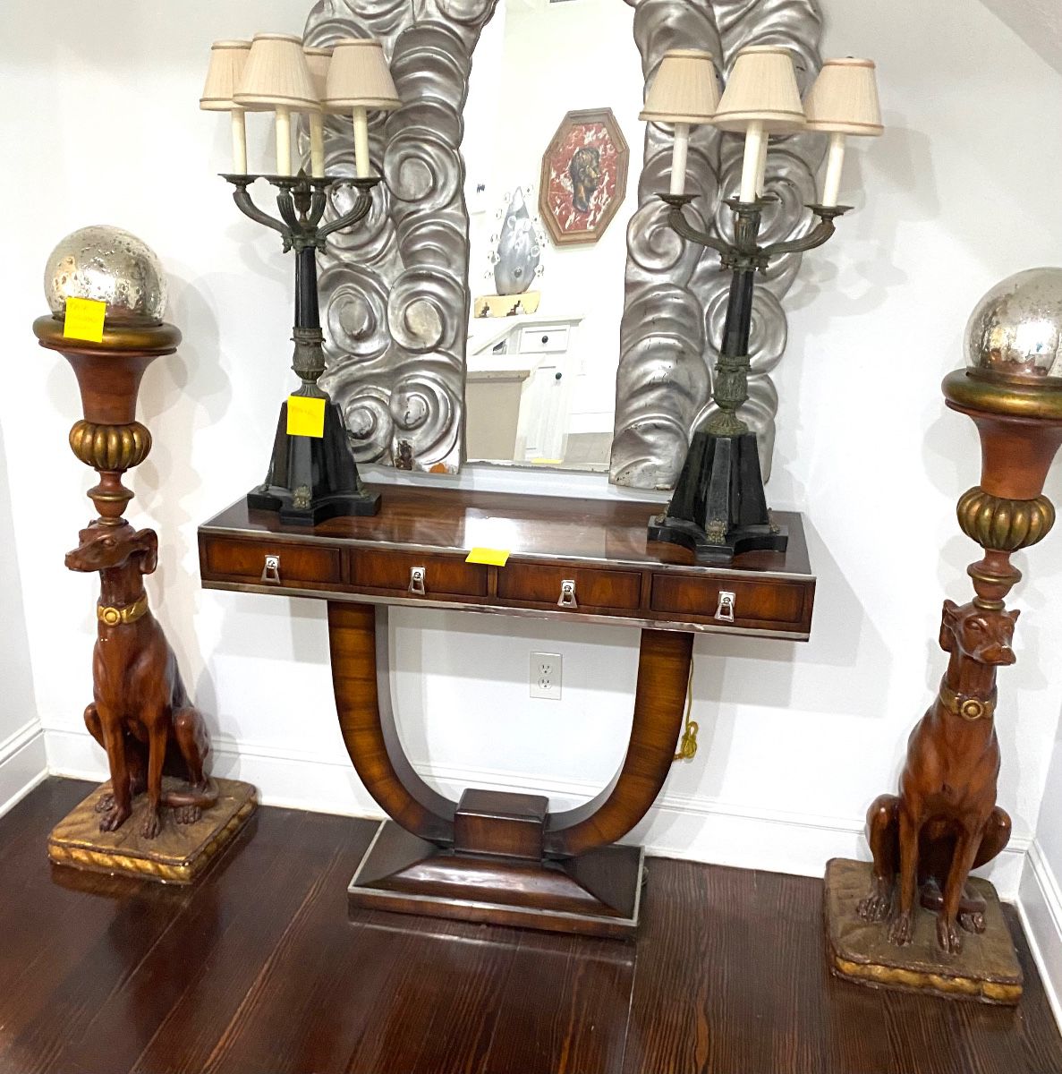 Maitland Smith Greyhound Planters, Theodore Alexander Table, Maitland Smith Lamps