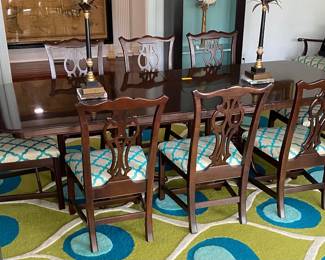 Ethan Allen Georgian Court Dining Table, 8 Side Chairs, 2 Arm Chairs, 2 Leaves