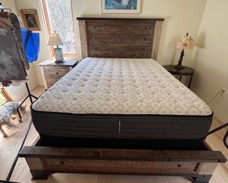 Queen Bedroom Suite - Headboard, Frame, Mattress (new), Nightstand, Dresser and Bookcase