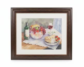 Still Life with Fruit and Wine Watercolor by Nancy R. Gonzalez