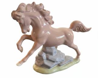Vintage Ceramic Rearing Horse Figurine on Rock Base