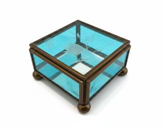 Vintage Etched Blue Glass Jewelry Box with Brass Frame and Mirrored Base