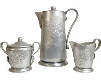 Continental Hand Wrought Silverlook Coffee Pot, Sugar Bowl, and Creamer Set