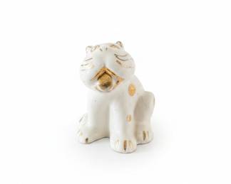 White Ceramic Maneki Neko Figurine with Gold Accents