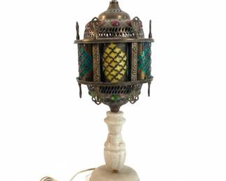 Vintage Moroccan Style Pierced Brass and Onyx Table Lamp